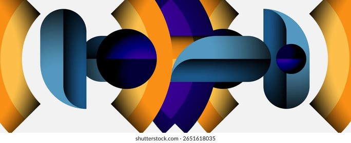Abstract geometric shapes, vibrant colors, layered design. Circular forms dominate composition, creating dynamic visual effect.