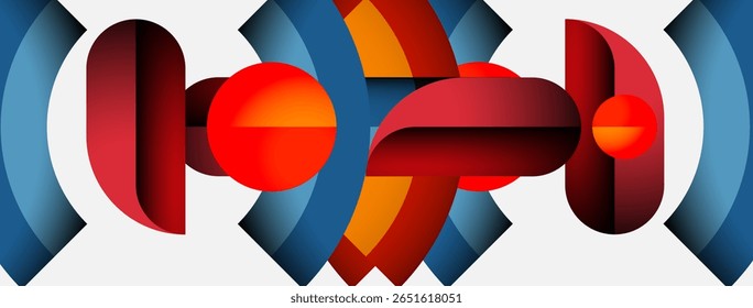 Abstract geometric shapes, vibrant colors, layered design. Circular elements dominate composition, creating dynamic visual effect.