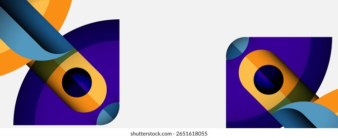 Abstract geometric shapes, vibrant colors, orange, purple, blue. Modern design elements create dynamic visual impact.