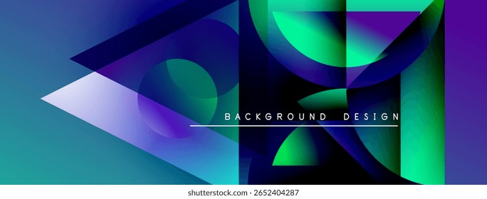 Abstract geometric shapes, vibrant colors blend. Modern design features gradients, lines, text overlay. Background suggests dynamic composition.