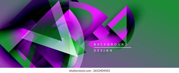 Abstract geometric shapes, vibrant colors blend. Modern design elements create dynamic visual experience. Green, purple hues dominate composition.