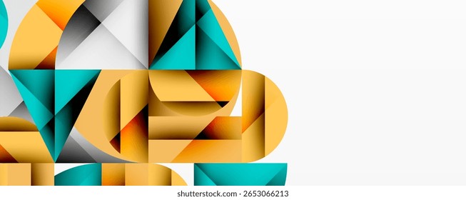 Formas geométricas abstratas, cores vibrantes, design moderno. A composição apresenta sobreposições de triângulos, curvas e tons quentes. Estética limpa.