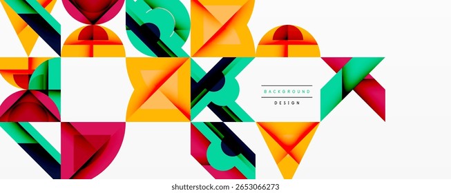 Formas geométricas abstratas, cores vibrantes, design moderno. Triângulos sobrepostos criam textura visual dinâmica. O plano de fundo branco limpo melhora o contraste.