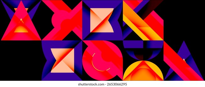 Abstract geometric shapes, vibrant colors, dynamic composition. Triangles, rectangles dominate design, creating modern aesthetic.