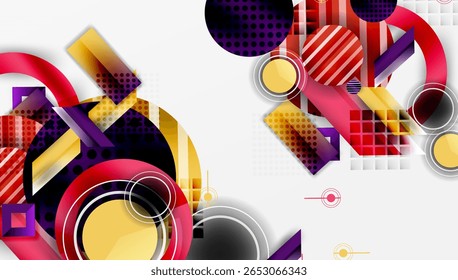 Abstract geometric shapes, vibrant colors, dynamic composition. Modern design elements create energetic visual experience.