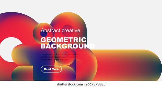 Abstract geometric shapes, vibrant colors, text overlay, modern design. Includes button for more information, simple composition.
