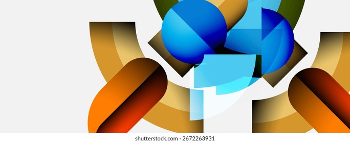 Abstract geometric shapes, vibrant colors, blue sphere dominates composition. Orange curves balance design, clean white background.