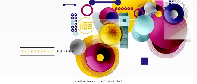 Formas geométricas abstratas, cores vibrantes, elementos de design modernos. Círculos, quadrados, linhas criam composição dinâmica. Textura do plano de fundo visível.