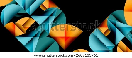 Abstract geometric shapes, vibrant colors, teal, orange, black background. Modern design, dynamic composition, sharp angles, smooth gradients.