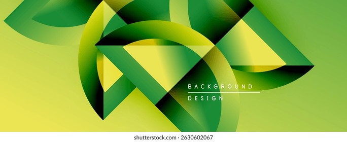 Formas geométricas abstratas, tons verdes vibrantes, fundo amarelo. Elementos de design modernos criam impacto visual dinâmico. Gradientes suaves apresentam profundidade.
