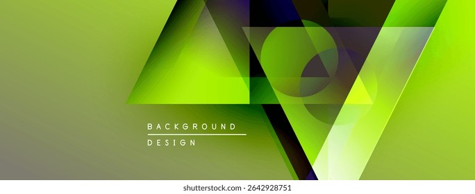 Abstract geometric shapes, vibrant green hues, layered design. Modern background with text elements, dynamic composition.