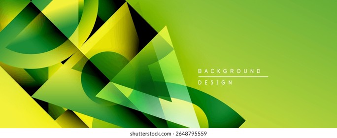 Abstract geometric shapes, vibrant green, yellow hues. Modern design, dynamic composition, gradient effects, clean aesthetic.