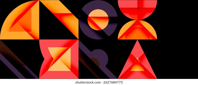 Abstract geometric shapes, vibrant orange, red hues dominate black background. Modern design, dynamic composition.