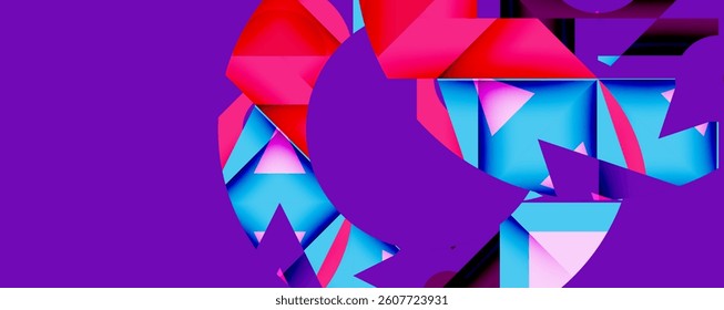 Abstract geometric shapes, vibrant pinks, blues, purple. Modern design, dynamic composition, digital art. Bold colors, sharp angles, layered forms.