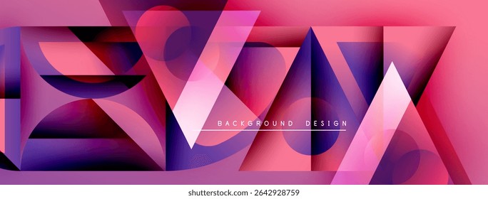 Abstract geometric shapes, vibrant pinks, purples create modern background. Overlapping layers suggest depth, dynamic visual effect.
