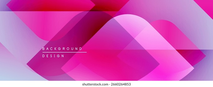 Abstract geometric shapes, vibrant pinks, purples create modern background. Overlapping layers suggest depth, dynamism. Minimal text present.