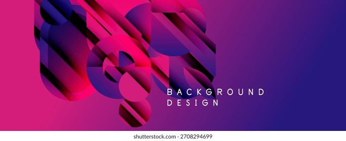 Formas geométricas abstratas, rosas vibrantes, roxas criam fundo dinâmico. Elementos de design modernos sugerem profundidade, movimento.