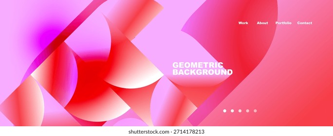 Formas geométricas Abstractas, rosas vibrantes, rojos dominan el diseño. Elementos de texto presentes, mínima navegación visible. Estética moderna.