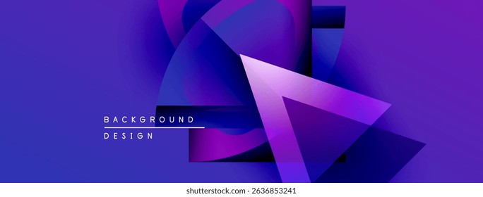 Abstract geometric shapes, vibrant purple hues, modern design elements. Background features layered forms, gradients, text labels.
