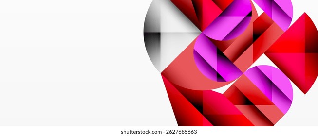 Abstract geometric shapes, vibrant reds, pinks, silver tones. Modern design, clean lines, minimalist aesthetic. Composition focuses right side.
