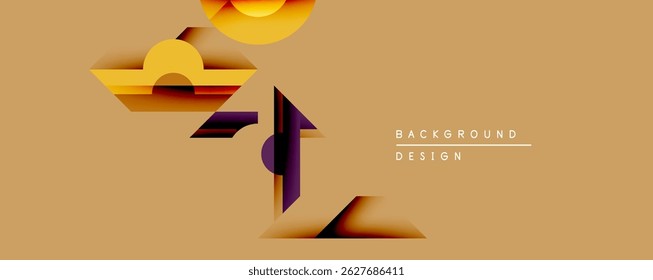 Formas geométricas abstratas, cores quentes dominam. Design minimalista com elementos em camadas, criando profundidade. O fundo sugere pôr do sol ou horizonte.