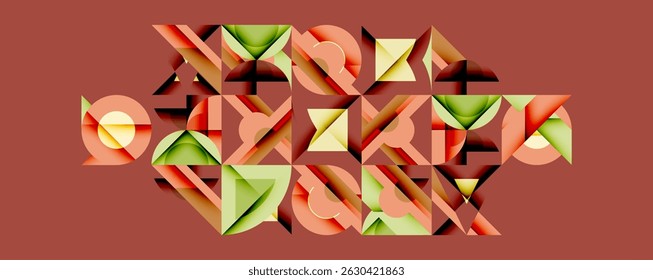 Abstract geometric shapes, warm colors dominate composition. Complex patterns create visual interest, modern design aesthetic.