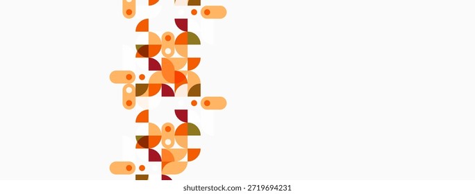 Abstrakte geometrische Formen, warme Farben dominieren die Komposition. Kreise, Quadrate, Rechtecke erzeugen dynamische visuelle Muster. Minimalistisches Design