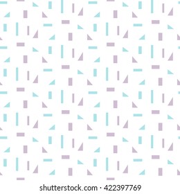 Abstract geometric shapes white seamless pattern. Vintage geometry inspired seamless lilac and blue on white.