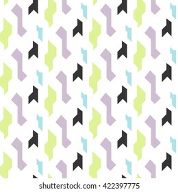Abstract geometric shapes white seamless pattern. Vintage geometry inspired seamless lilac, green and blue on white.