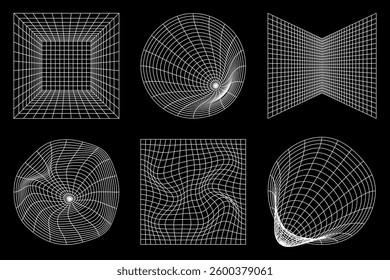 Abstract geometric shapes with wireframe grids and optical illusions