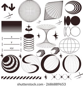 Abstrato formas geométricas e esferas de arames em uma coleção minimalista de design gráfico preto e branco