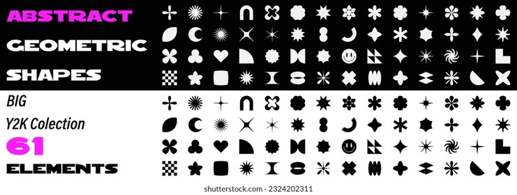 Abstract geometric shapes. Y2k elements collection. Silhouette and linear style. Vector illustration.