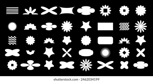 Abstract geometric shapes in y2k retro style. Brutalist figures, flowers and other primitive elements. Vector illustration