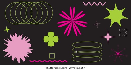 Abstract geometric shapes y2k style. Contemporary geometric figures, stars, ovals, spirals, flowers and other elements.