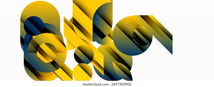 Formas geométricas abstratas, tons amarelos dominam. Efeitos de gradiente criam profundidade, design estético moderno. Composição minimalista, linhas limpas visíveis.