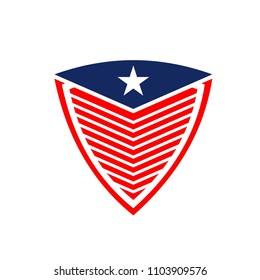 Abstract geometric shield shaped like fencing mask with star on top. Shield vector logo design template