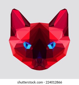 Abstract geometric siamese cat portrait. Graphic polygonal  cat head painted in imaginary colors for design card, invitation, poster, book. Nature, animal and wildlife theme. 
