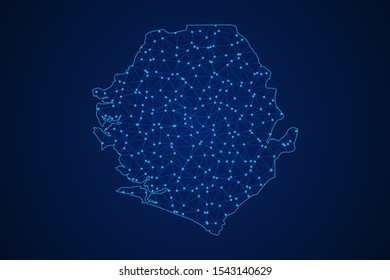 Abstract geometric of Sierra Leone map polygonal line, structure and point scales on blue dark background with lights and dots. Vector illustration eps 10.