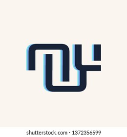 Abstract geometric sign with U letter in blue color palette isolated on light background.Connection and web logo.Modern, tech, corporate style.Intertwined shapes.