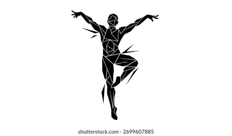 Uma silhueta geométrica abstrata de um bailarino. A imagem é isolada em um fundo branco. O dançarino está no ar, com seus braços e pernas estendidos. O estilo é moderno.