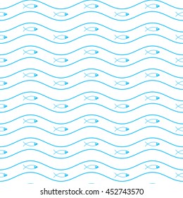 Abstract geometric simple monochrome minimalistic vector marine pattern with fish and waves