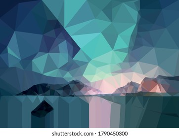 abstract geometric simple vector landscape with silhouettes of hills or mounts, sea shore, winter night cold sea with sunset reflection on water. EPS