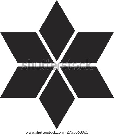 Abstract geometric sixpointed star shape formed by black rhombuses and triangles on white background