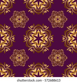 Abstract geometric sketch. Geometric ornament with golden elements. Vector seamless pattern with gold gradient on purple background. Seamless geometric pattern. Golden texture.