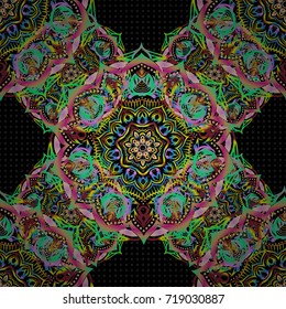 Abstract geometric sketch. Vector seamless pattern with motley gradient on black background. Seamless geometric pattern. Geometric ornament with yellow, blue and pink elements.