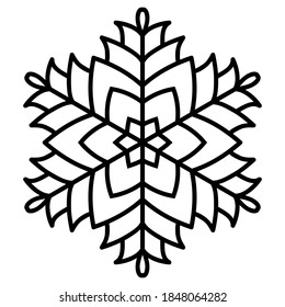 Abstract geometric snowflake. Black outline on a white background. Christmas ornament, simple mandala. Vector illustration. Graphic drawing in a flat style. Festive decor, carving, craft