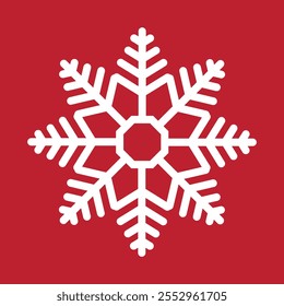 Ícone de vetor de floco de neve geométrico abstrato em um fundo vermelho.