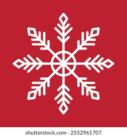 Ícone de vetor de floco de neve geométrico abstrato em um fundo vermelho.