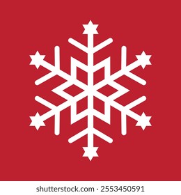 Abstract geometric snowflake vector icon on a bold red background.