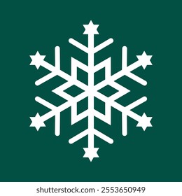 Abstract geometric snowflake winter icon on a bottle green background.